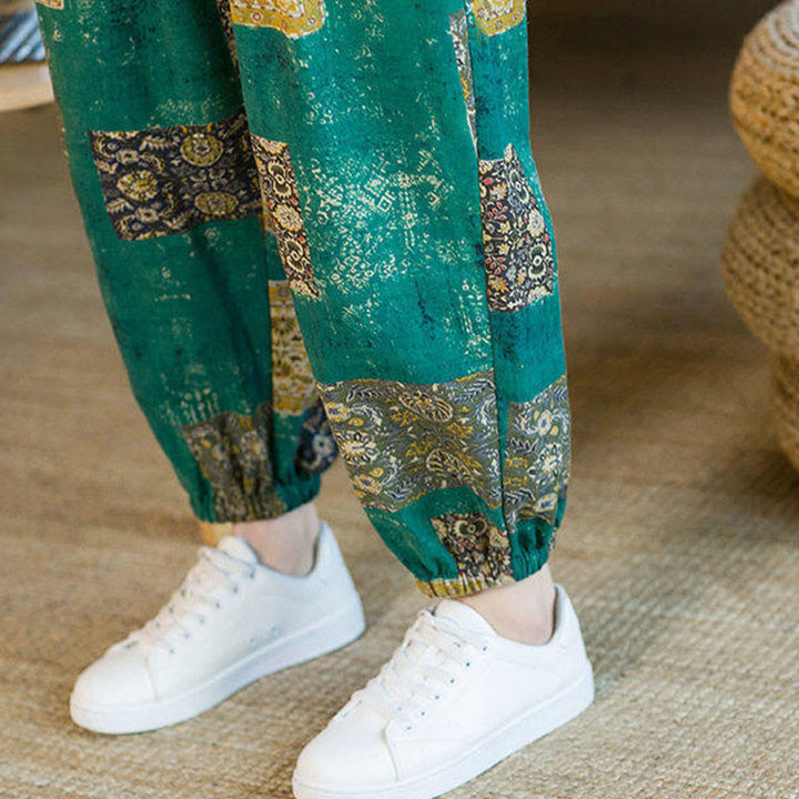 Buddha Stonesサマースクエアパッチワークコットンリネンメンズアンクル丈ハーレムパンツ(ポケット付き) - image 28