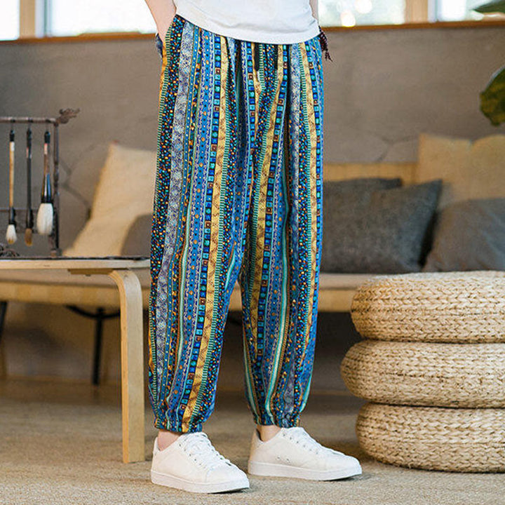 Buddha Stonesのカラフルなストライプ柄コットンリネンメンズアンクル丈ハーレムパンツ(ポケット付き) - image 2