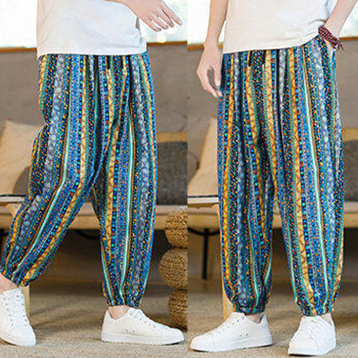 Buddha Stonesのカラフルなストライプ柄コットンリネンメンズアンクル丈ハーレムパンツ(ポケット付き) - image 9