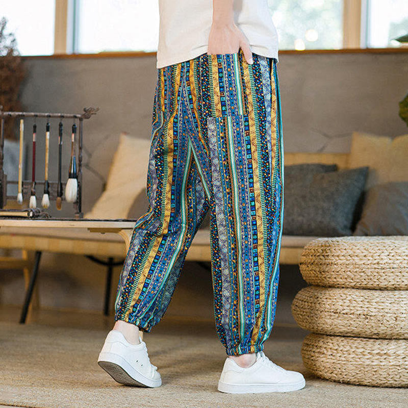 Buddha Stonesのカラフルなストライプ柄コットンリネンメンズアンクル丈ハーレムパンツ(ポケット付き) - image 4