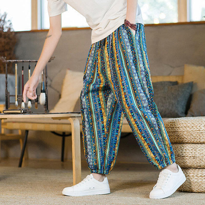 Buddha Stonesのカラフルなストライプ柄コットンリネンメンズアンクル丈ハーレムパンツ(ポケット付き) - image 6