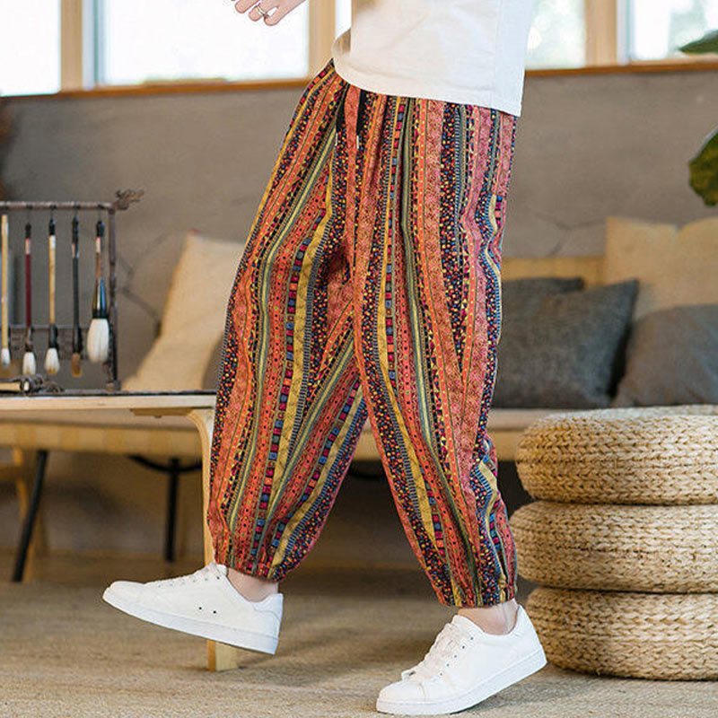 Buddha Stonesのカラフルなストライプ柄コットンリネンメンズアンクル丈ハーレムパンツ(ポケット付き) - image 15