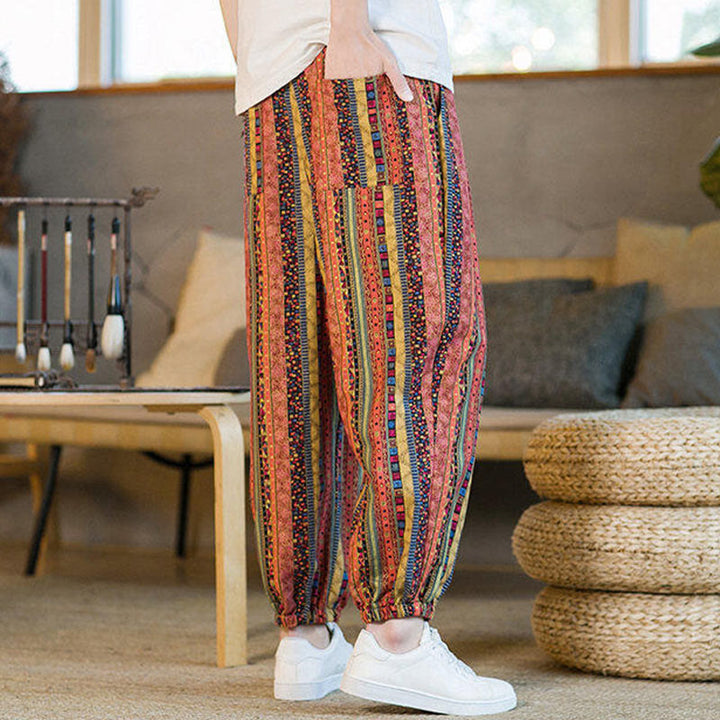 Buddha Stonesのカラフルなストライプ柄コットンリネンメンズアンクル丈ハーレムパンツ(ポケット付き) - image 13