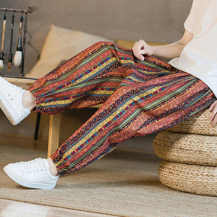 Buddha Stonesのカラフルなストライプ柄コットンリネンメンズアンクル丈ハーレムパンツ(ポケット付き) - image 16
