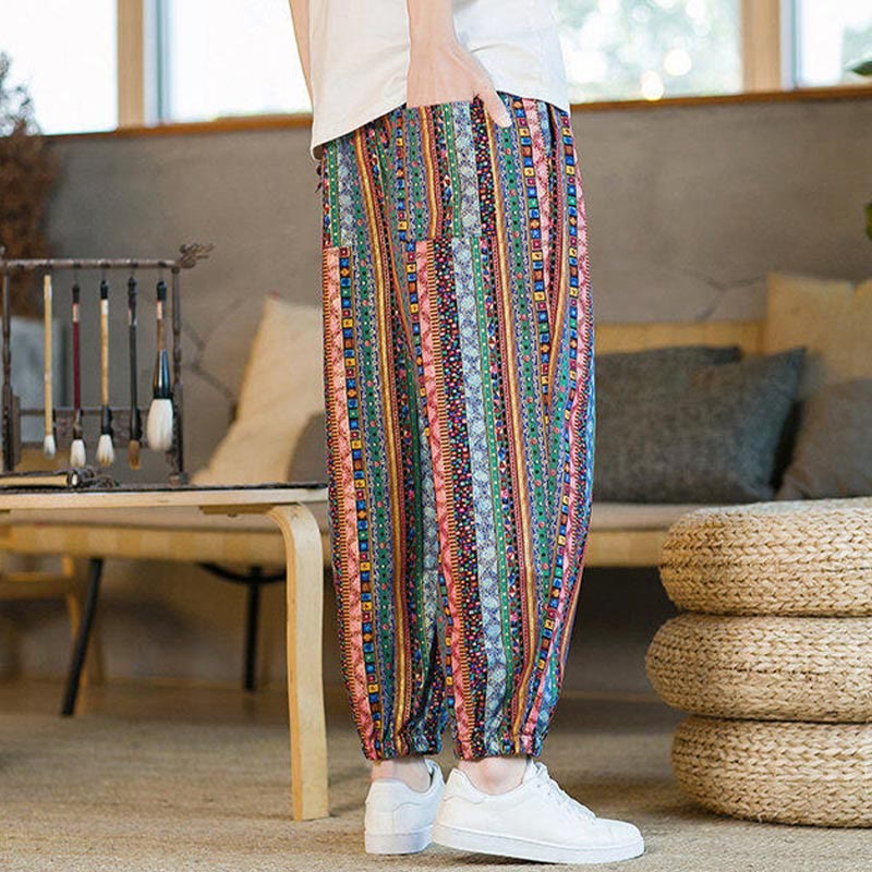 Buddha Stonesのカラフルなストライプ柄コットンリネンメンズアンクル丈ハーレムパンツ(ポケット付き) - image 22