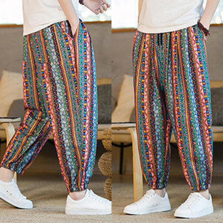 Buddha Stonesのカラフルなストライプ柄コットンリネンメンズアンクル丈ハーレムパンツ(ポケット付き) - image 31