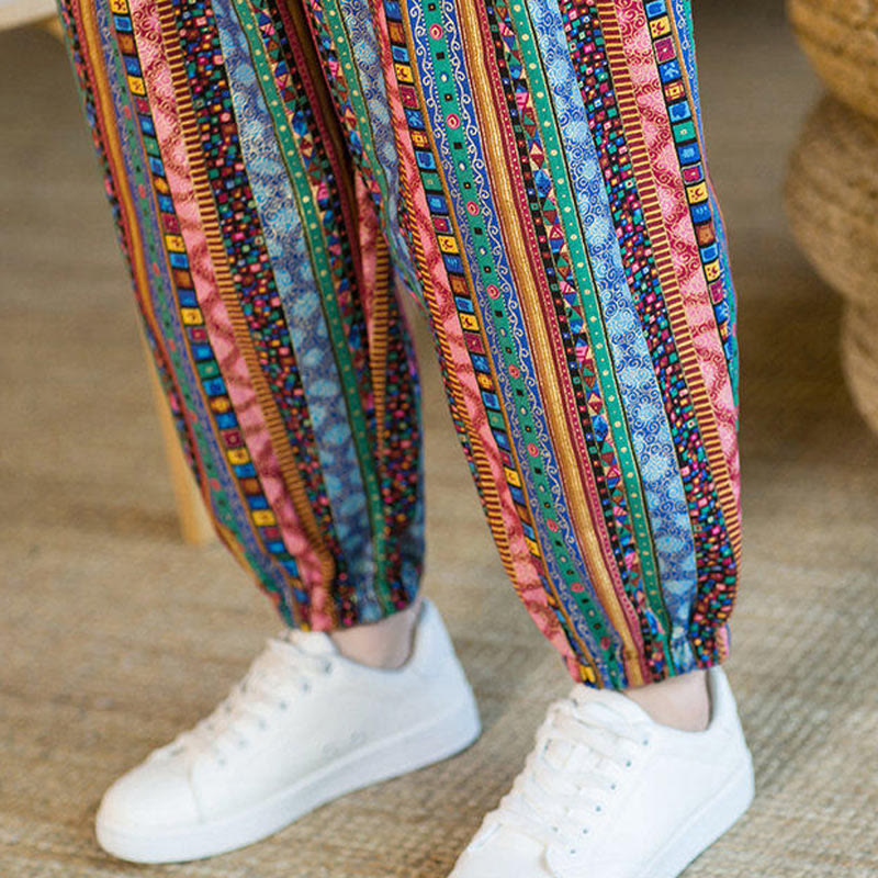 Buddha Stonesのカラフルなストライプ柄コットンリネンメンズアンクル丈ハーレムパンツ(ポケット付き) - image 29