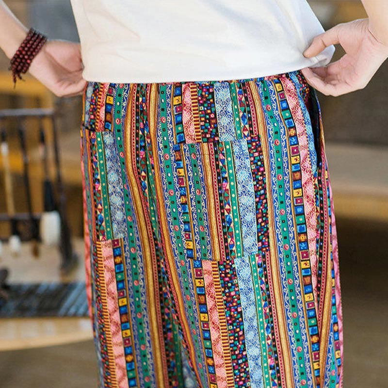 Buddha Stonesのカラフルなストライプ柄コットンリネンメンズアンクル丈ハーレムパンツ(ポケット付き) - image 30