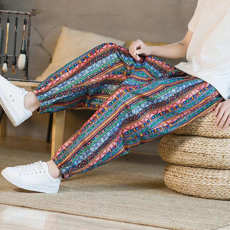 Buddha Stonesのカラフルなストライプ柄コットンリネンメンズアンクル丈ハーレムパンツ(ポケット付き) - image 26