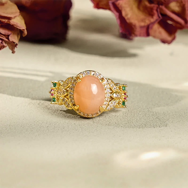 Buddha Stonesヴィンテージ プロングセッティング 四つ葉フラワーデザイン ピーチムーンストーン 調節可能な癒しのリング