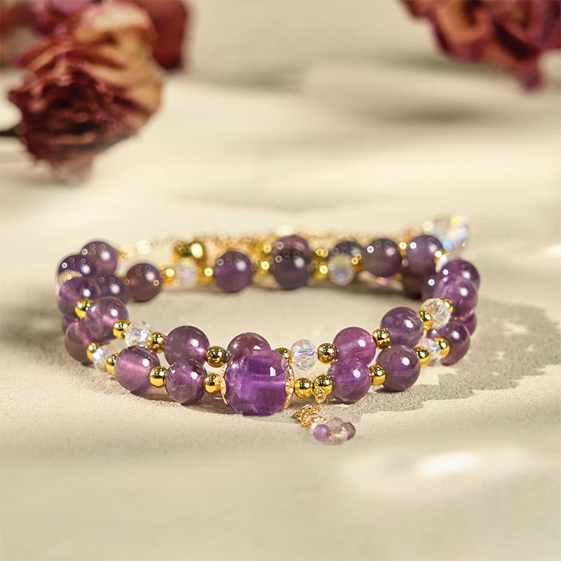 Buddha Stones天然アメジスト スクエアビーズ 瞑想 ヒーリング ダブルラップブレスレット