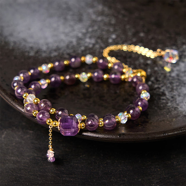 Buddha Stones天然アメジスト スクエアビーズ 瞑想 ヒーリング ダブルラップブレスレット