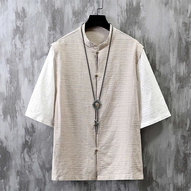 Buddha Stones夏 パッチワーク カラーデザイン メンズ 半袖 コットンリネン シャツ