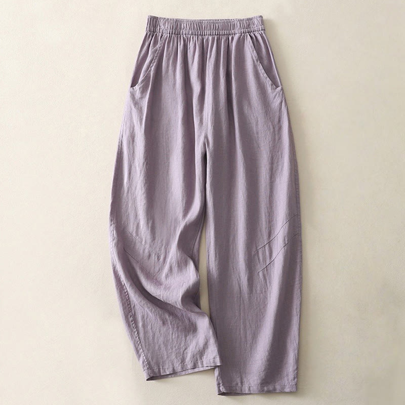 Buddha Stonesサマーデイリー 無地 伸縮性ウエストバンドデザイン レディース ワイドレッグ コットンリネン パンツ ポケット付き - ミディアムパープル - US8-10,UK/AU12-14,EU40-42 (2XL) - image 4