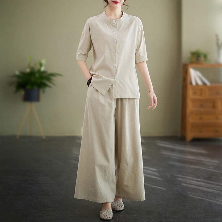 Buddha Stones 2点セット カジュアル 無地 ボタンデザイン 半袖シャツ ワイドレッグパンツ ポケット付き コットン 禅服 レディース セット - ベージュ - US8-10,UK/AU12-14,EU40-42 (2XL) - image 16