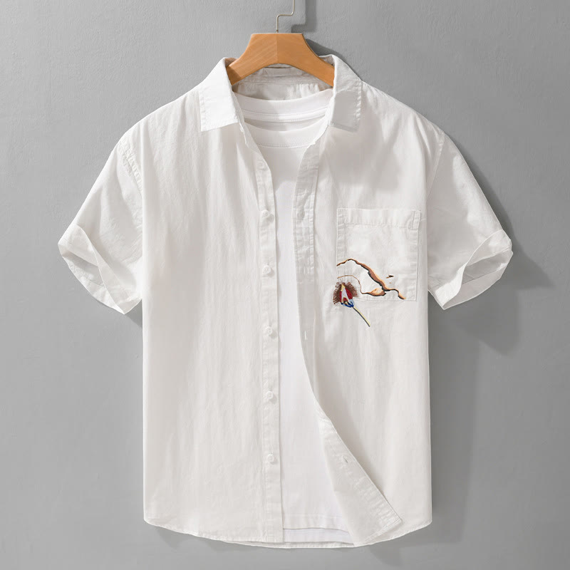 Buddha Stones刺繍マッチ炎柄ラペルメンズ半袖コットンシャツポケット付き - 白 - US/UK/AU42、 EU52 (3XL) - image 1