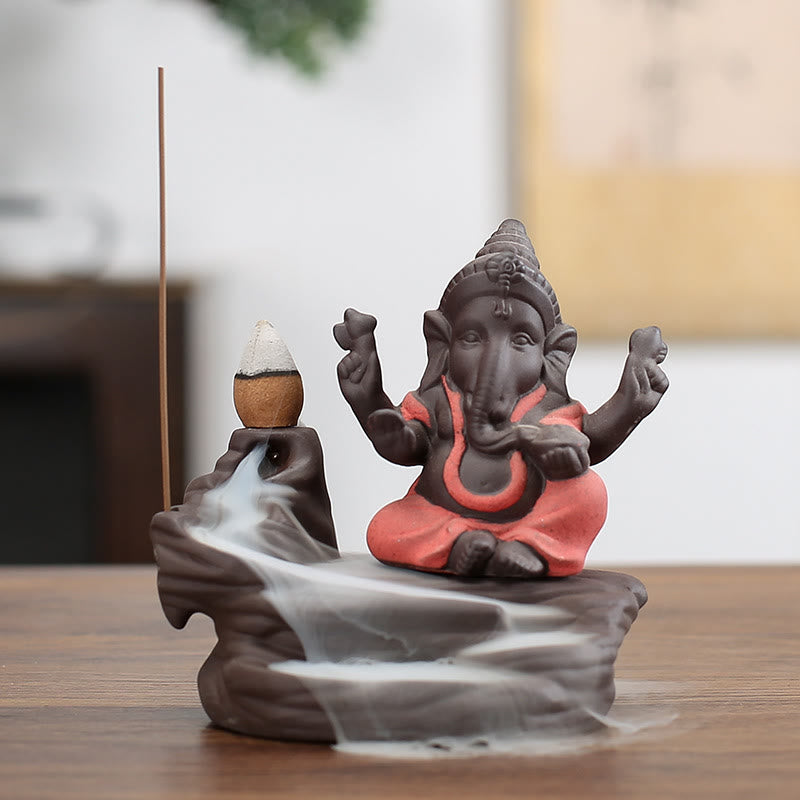 Buddha Stonesガネーシャ 象 紫粘土 逆流防止 煙噴水 保護スティック 香炉 - オレンジ 10.1×11cm - image 2