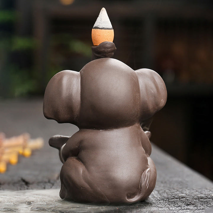 Buddha Stones小さな象の葉っぱを持つ紫粘土の逆流煙噴水 癒しの香炉装飾 - image 5