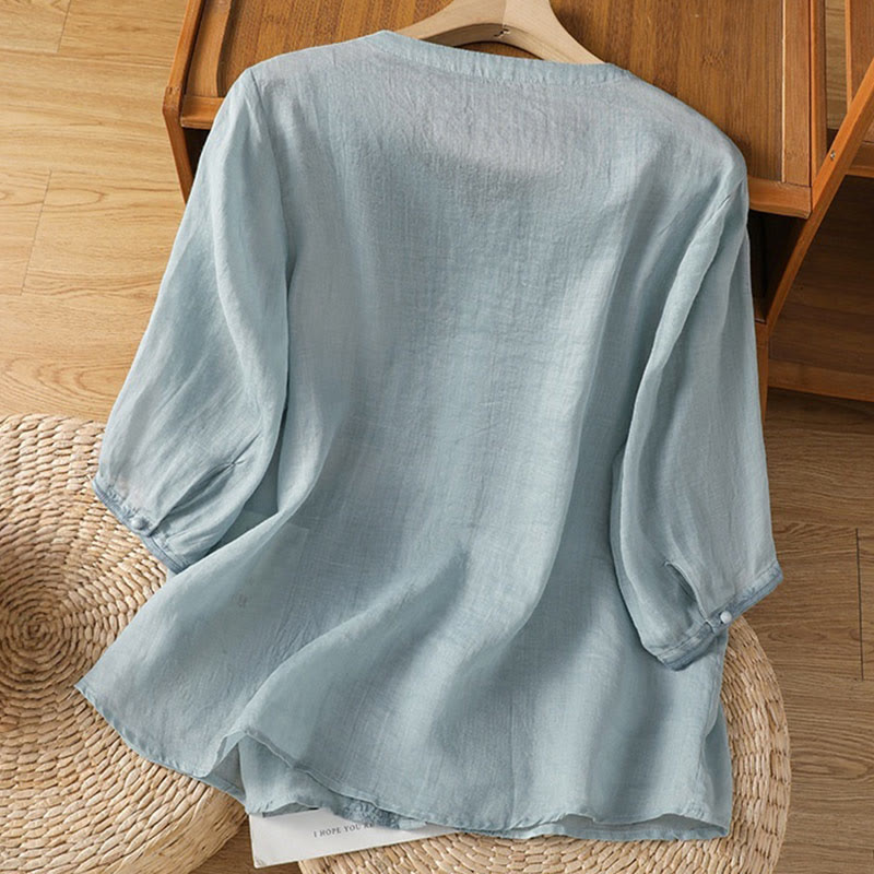 Buddha Stonesカジュアル刺繍 カエルボタン ポリエステル 半袖 レディース Vネック シャツ - image 6