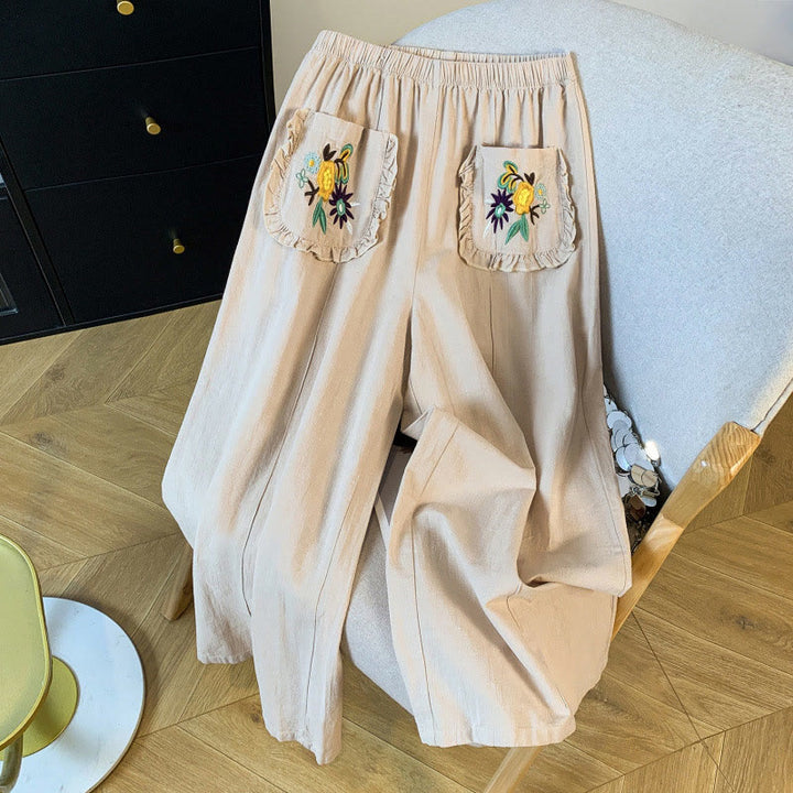 Buddha Stonesカジュアル ベージュ 刺繍 レディース ワイドレッグ コットンリネン パンツ ポケット付き - ベージュ - US8-10,UK/AU12-14,EU40-42 (2XL) - image 1