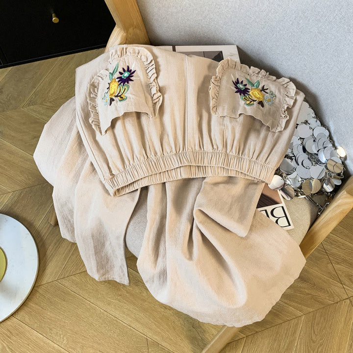 Buddha Stonesカジュアル ベージュ 刺繍 レディース ワイドレッグ コットンリネン パンツ ポケット付き - image 3