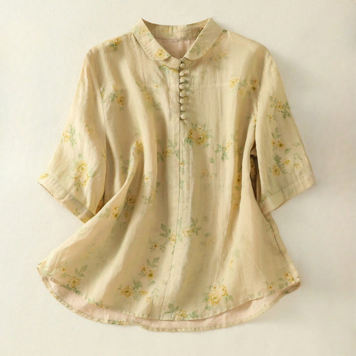 Buddha Stonesプリント カエルボタン ラペル 半袖 レディース コットンシャツ - カーキ - US8-10,UK/AU12-14,EU40-42 (2XL) - image 16