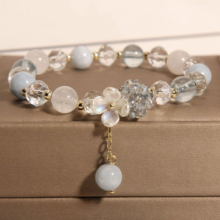 Buddha Stonesアクアマリン イエローキャッツアイストーン フラワーピースブレスレット - アクアマリン(手首周り:14~16cm) - image 1
