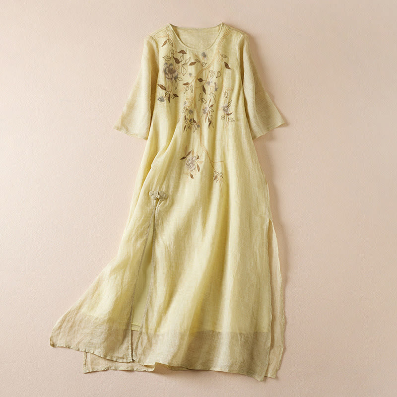 Buddha Stones刺繍リーフクルーネック半袖コットンファイバーミディドレス - カーキ - US8-10,UK/AU12-14,EU40-42 (2XL) - image 0