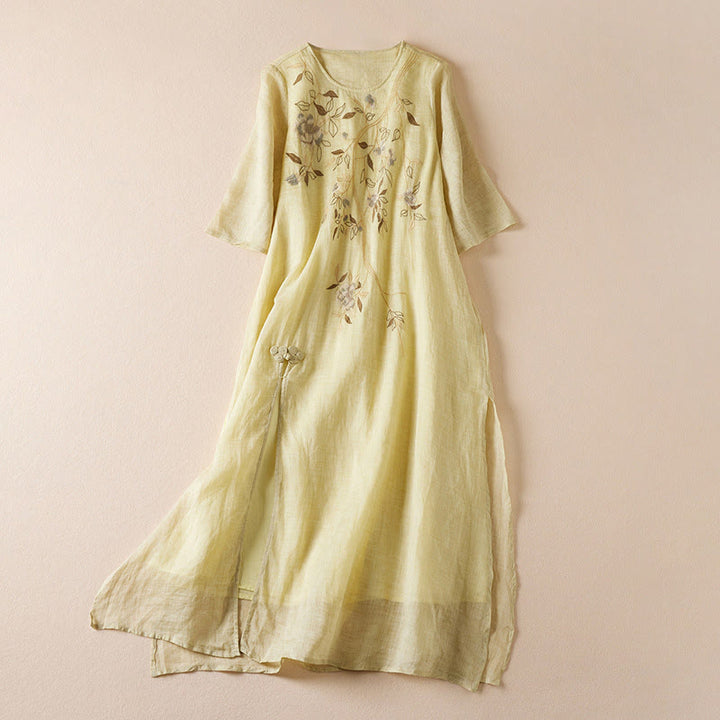 Buddha Stones刺繍リーフクルーネック半袖コットンファイバーミディドレス - カーキ - US8-10,UK/AU12-14,EU40-42 (2XL) - image 0