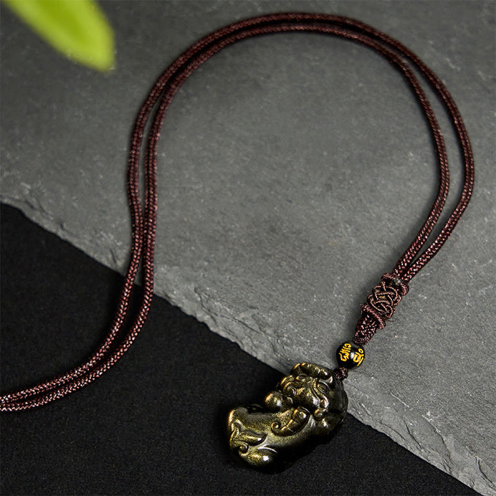 Buddha Stonesゴールドシーン 黒曜石 貔貅 富のロープネックレスペンダント - image 4