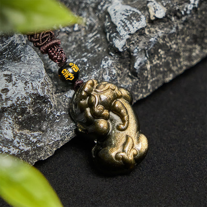 Buddha Stonesゴールドシーン 黒曜石 貔貅 富のロープネックレスペンダント - 貔貅ネックレス - image 1