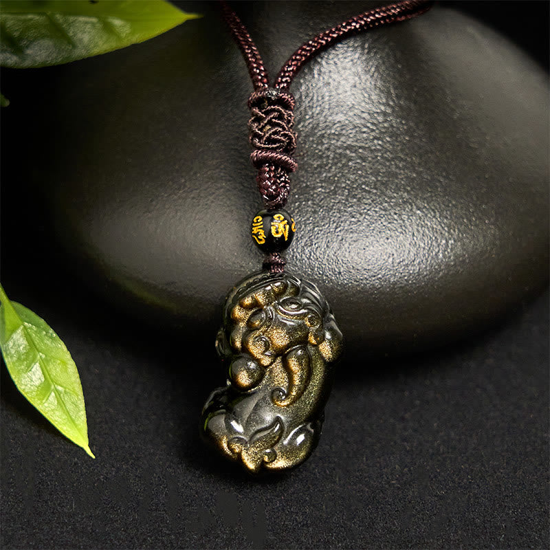 Buddha Stonesゴールドシーン 黒曜石 貔貅 富のロープネックレスペンダント - image 2
