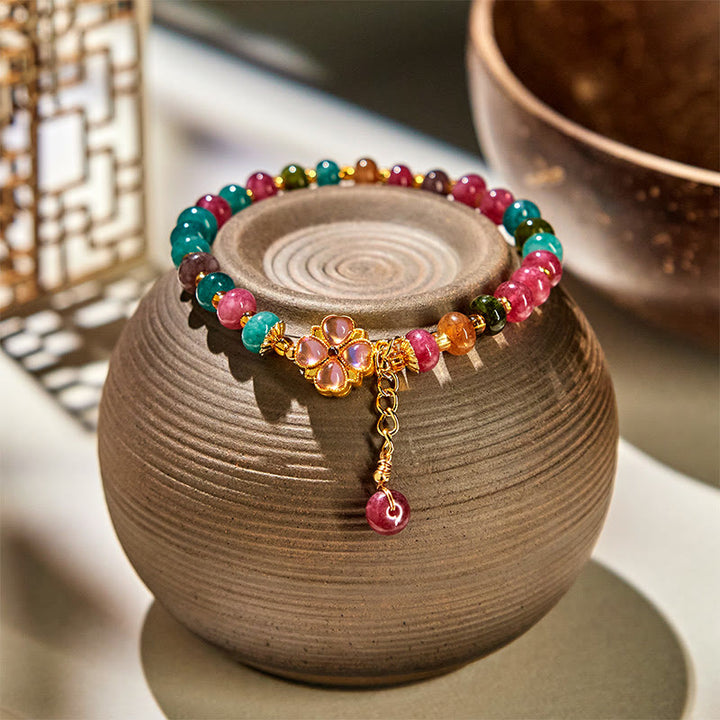 Buddha Stonesトルマリン 四つ葉のクローバー フラワー ラブ ブレスレット