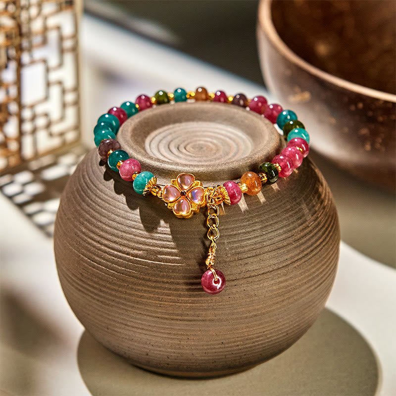 Buddha Stonesトルマリン 四つ葉のクローバー フラワー ラブ ブレスレット