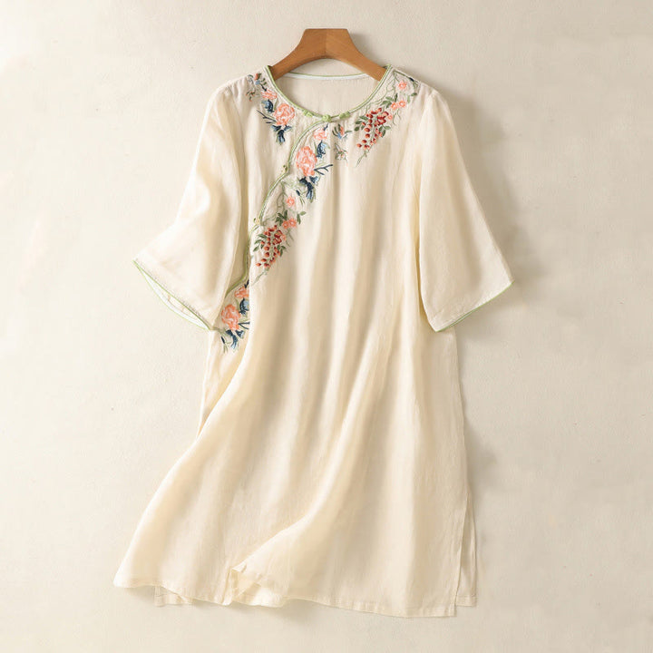 Buddha Stones刺繍フラワーヘムスリットデザイン半袖コットンリネン禅ミディドレス - ベージュ - US8-10,UK/AU12-14,EU40-42 (2XL) - image 6