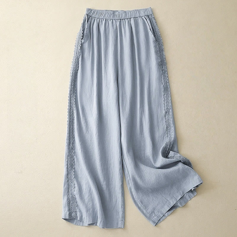 Buddha Stones無地 レースステッチ コットンリネン レディース ワイドレッグパンツ ポケット付き - ライトスカイブルー - US8-10,UK/AU12-14,EU40-42 (2XL) - image 0