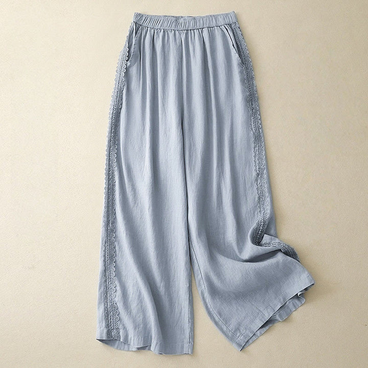 Buddha Stones無地 レースステッチ コットンリネン レディース ワイドレッグパンツ ポケット付き - ライトスカイブルー - US8-10,UK/AU12-14,EU40-42 (2XL) - image 0