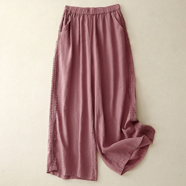 Buddha Stones無地 レースステッチ コットンリネン レディース ワイドレッグパンツ ポケット付き - ペールバイオレットレッド - US8-10,UK/AU12-14,EU40-42 (2XL) - image 13
