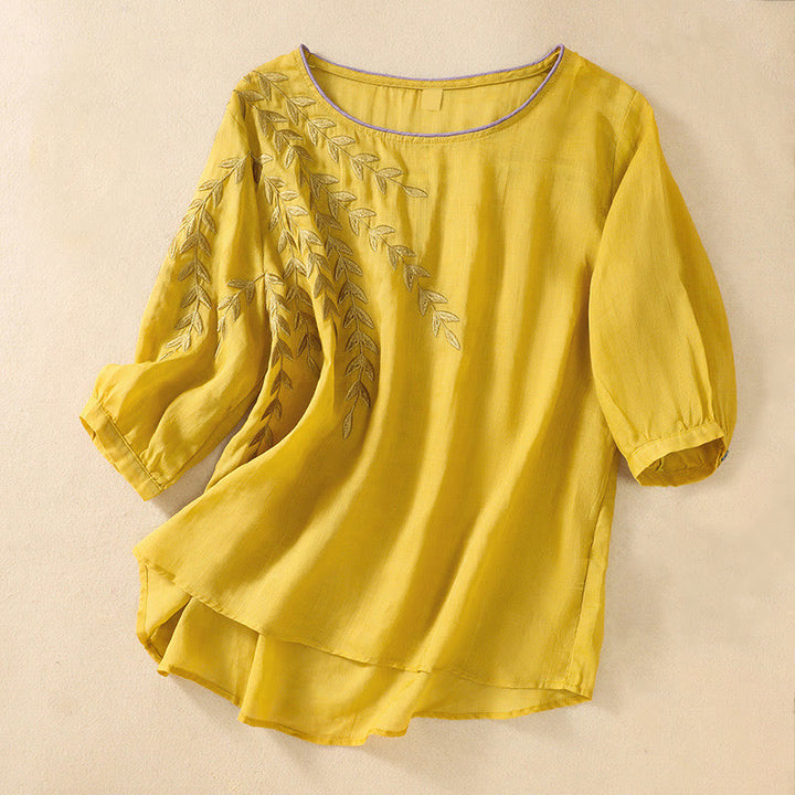 Buddha Stones刺繍の葉柄レディースコットンリネン半袖Tシャツ - 金 - US8-10,UK/AU12-14,EU40-42 (2XL) - image 0