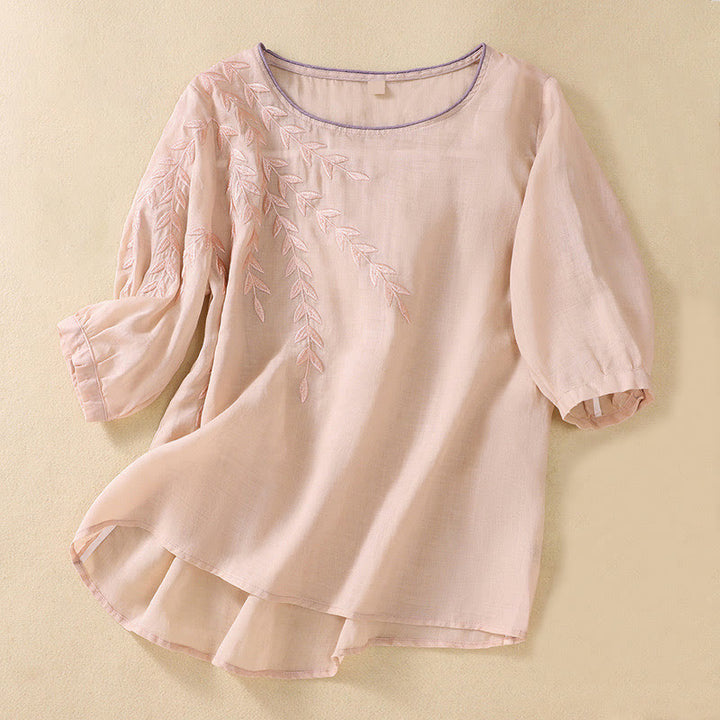 Buddha Stones刺繍の葉柄レディースコットンリネン半袖Tシャツ - ミスティローズ - US8-10,UK/AU12-14,EU40-42 (2XL) - image 11