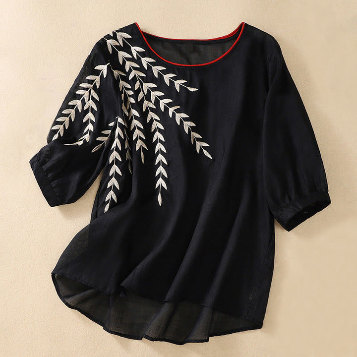 Buddha Stones刺繍の葉柄レディースコットンリネン半袖Tシャツ - 黒 - US8-10,UK/AU12-14,EU40-42 (2XL) - image 22
