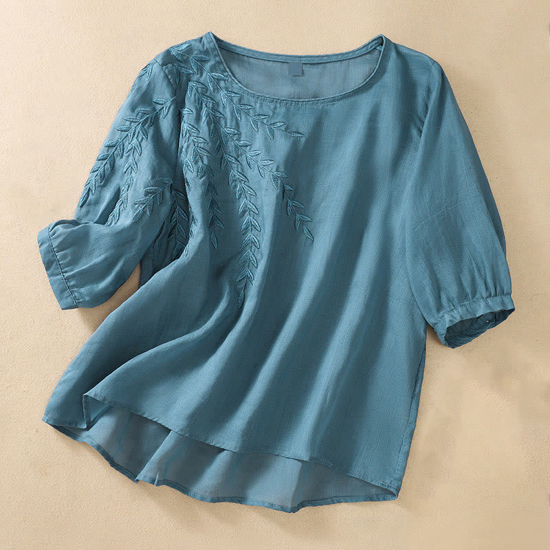 Buddha Stones刺繍の葉柄レディースコットンリネン半袖Tシャツ - スティールブルー - US8-10,UK/AU12-14,EU40-42 (2XL) - image 30