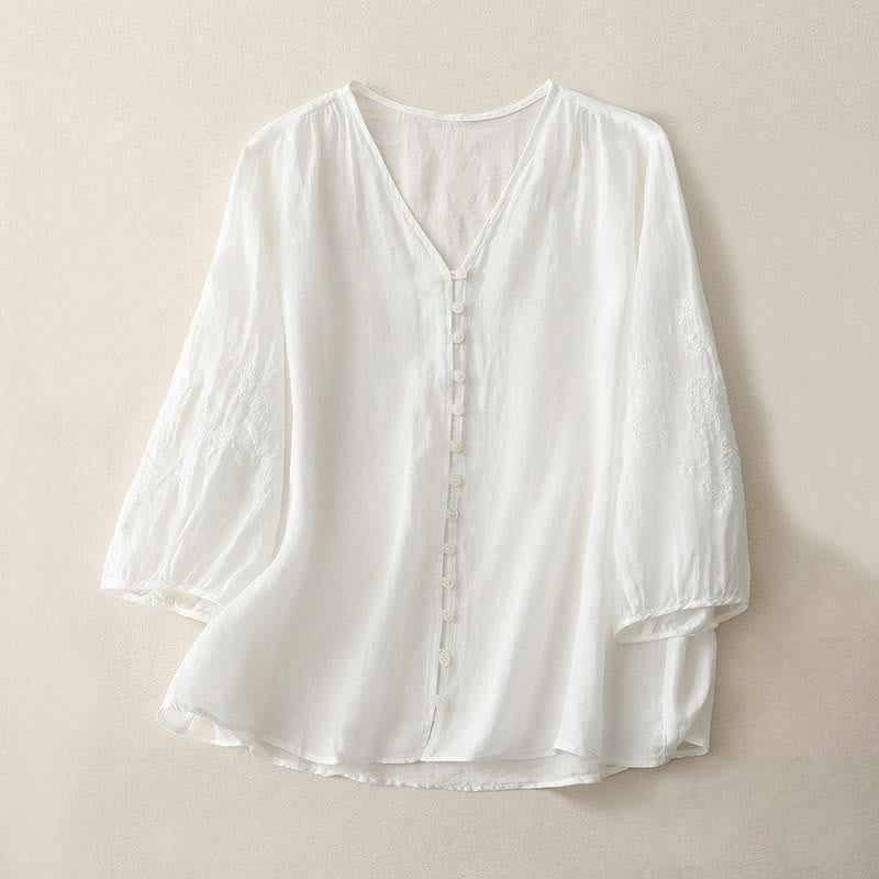 Buddha Stones刺繍ボタンダウンレディースコットンリネンシャツ - 白 - US8-10,UK/AU12-14,EU40-42 (2XL) - image 6