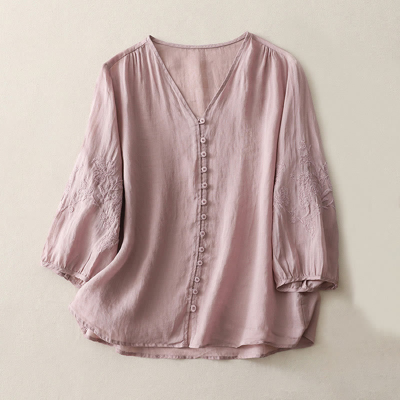 Buddha Stones刺繍ボタンダウンレディースコットンリネンシャツ - 梅 - US8-10,UK/AU12-14,EU40-42 (2XL) - image 16