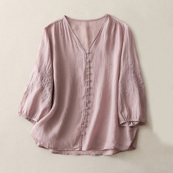 Buddha Stones刺繍ボタンダウンレディースコットンリネンシャツ - 梅 - US8-10,UK/AU12-14,EU40-42 (2XL) - image 16