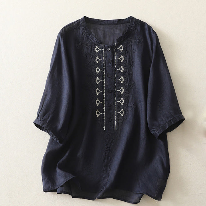 Buddha Stonesの対称刺繍コットンリネンレディース半袖シャツ - ミッドナイトブルー - US8-10,UK/AU12-14,EU40-42 (2XL) - image 1