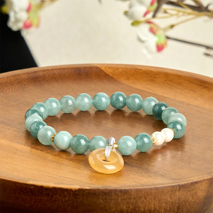 Buddha Stonesブルー翡翠平和のお守りチャームパールビーズ 繁栄ブレスレット