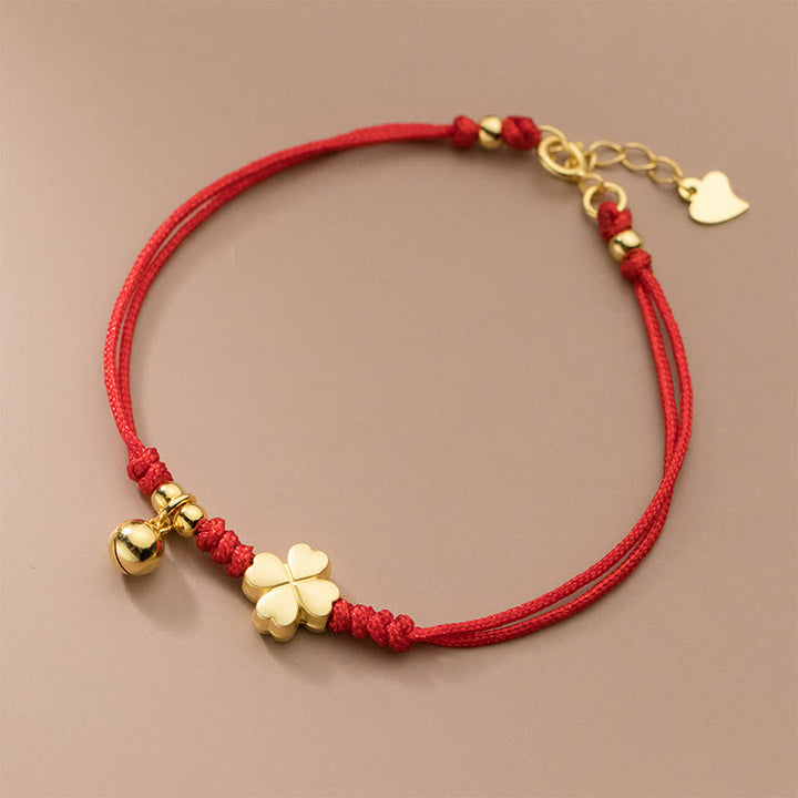 Buddha Stones925スターリングシルバー ゴールドメッキ 四つ葉のクローバー赤紐コネクションブレスレット - image 2