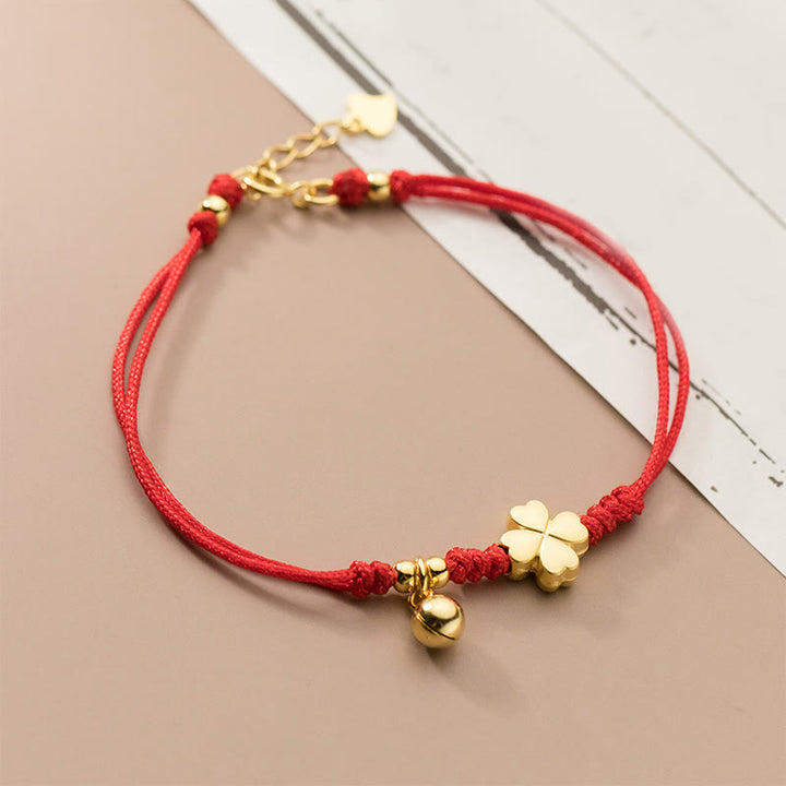 Buddha Stones925スターリングシルバー ゴールドメッキ 四つ葉のクローバー赤紐コネクションブレスレット - 925スターリングシルバー(手首周り:15~17cm) - image 1