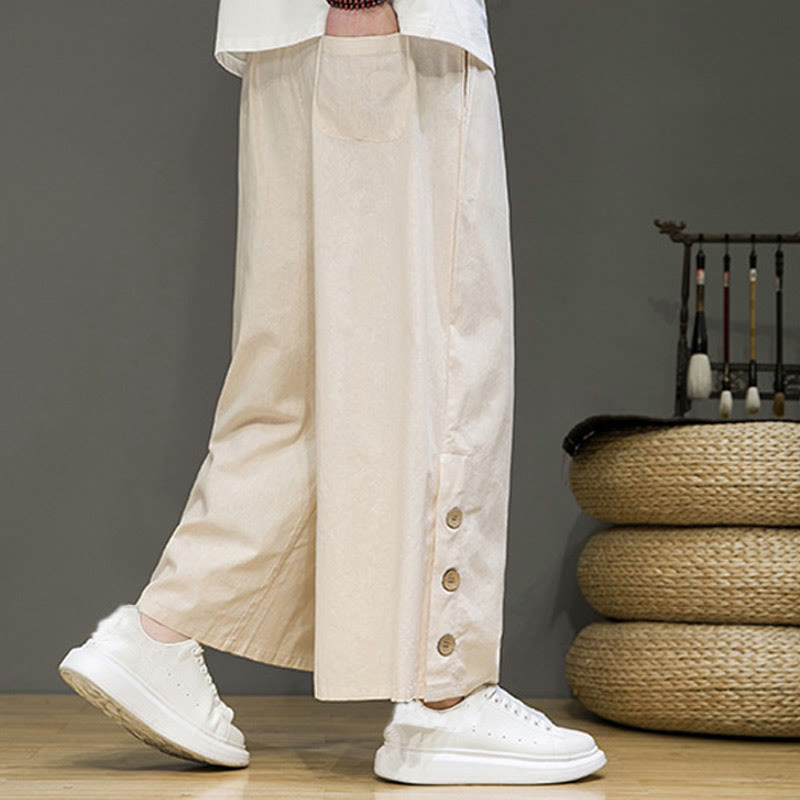 Buddha Stones無地リネンボタンドローストリングメンズストレートレッグパンツ(ポケット付き) - image 4